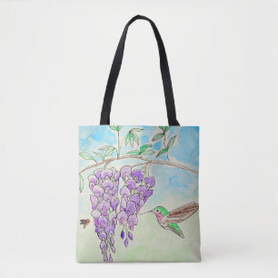 Bolsa Tote Pintura do colibri e das glicínias