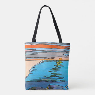 Bolsa Tote Pintura do Nascer do Sol no Oceano em 8-Bit por Al
