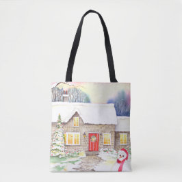 Bolsa Tote Pintura em Aquarela de Cottage Neve