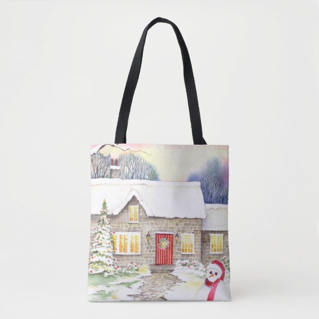 Bolsa Tote Pintura em Aquarela de Cottage Neve (Frente)