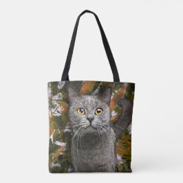 Bolsa Tote Pintura em Retrato de Gato Curto Britânico de Cinz