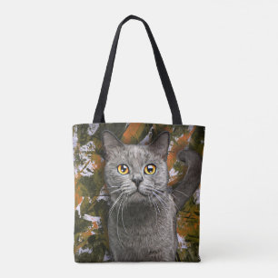 Bolsa Tote Pintura em Retrato de Gato Curto Britânico de Cinz