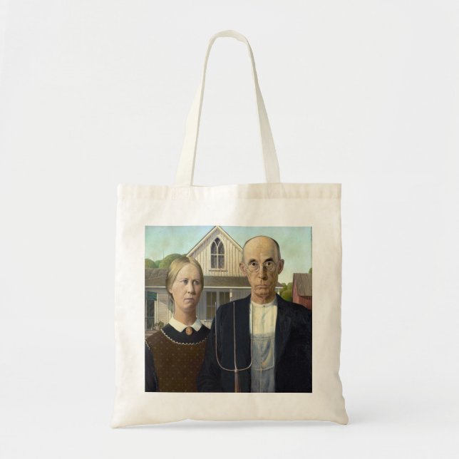 Bolsa Tote Pintura Gótica Americana por Grant Wood (Frente)