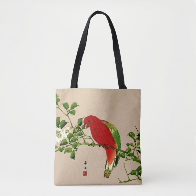 Bolsa Tote Pintura japonesa de papagaio, vermelho e verde (Frente)