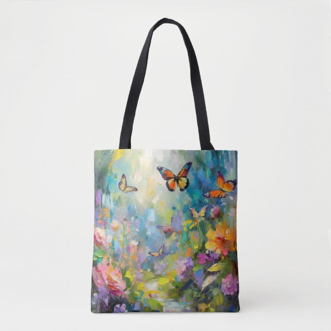 Bolsa Tote Pintura Moderna de Abstrato de Jardim de Borboleta (Frente)