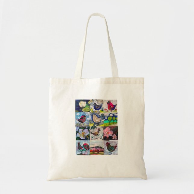 Bolsa Tote Pintura Sona Adalian com pássaros e flores (Frente)
