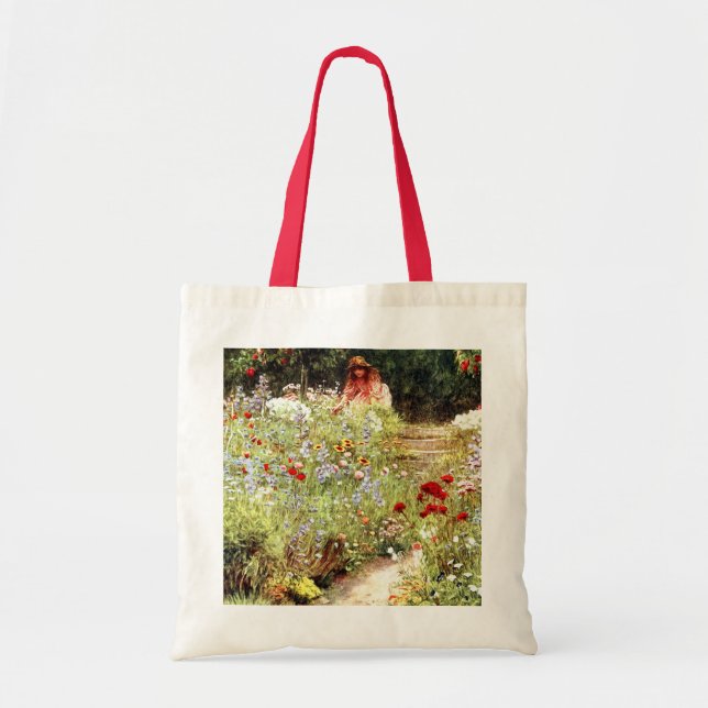 Bolsa Tote Pintura Vitoriana de Garota no Jardim Flor (Frente)
