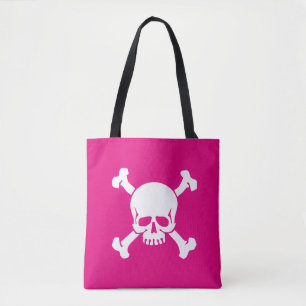 Bolsa Tote Pirata rosa quente, crânio e espinhas, bandeira