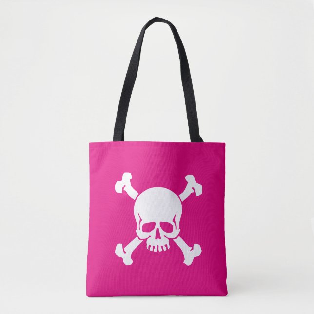Bolsa Tote Pirata rosa quente, crânio e espinhas, bandeira (Frente)