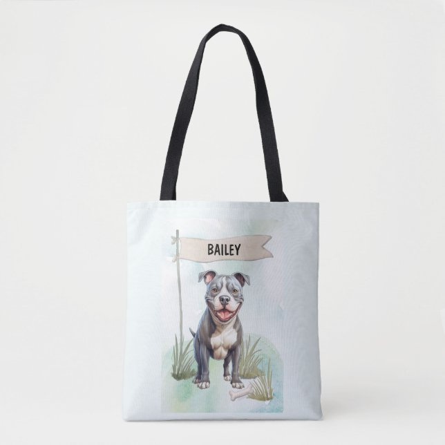 Bolsa Tote Pit Bull Terrier Watercolor Personalized Dog (Frente)