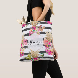 Bolsa Tote PixDezines Aloha Abacaxi+Faixa Floral+Preta