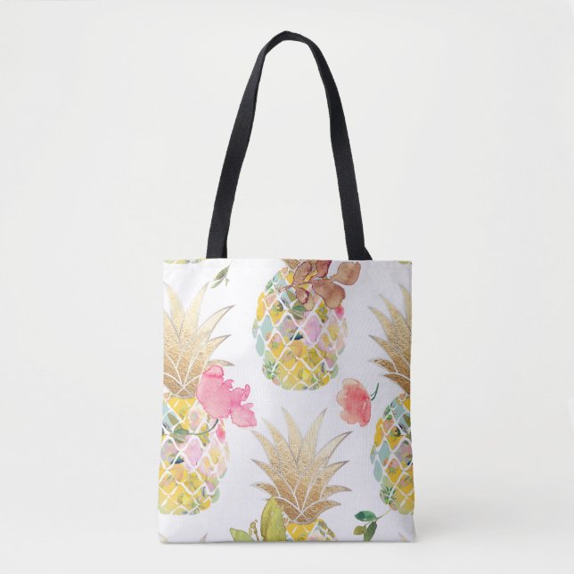 Bolsa Tote PixDezines Aloha Abacaxi+Floral Aquarela (Frente)