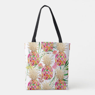 Bolsa Tote PixDezines Aloha Abacaxi+Palma Fronteira Aquarela