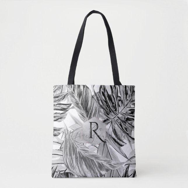 Bolsa Tote PixDezines Black+White Greenerase, Monstera Tropic (Frente)