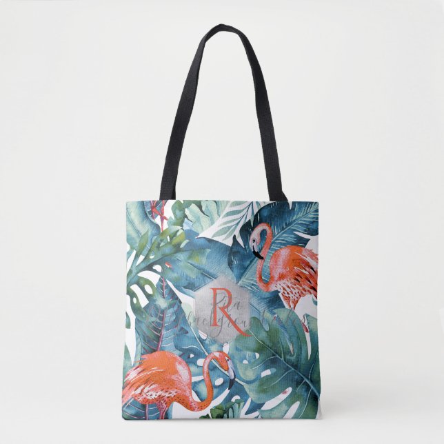 Bolsa Tote PixDezines Flamingos Rosa + Vegetação Tropical (Frente)