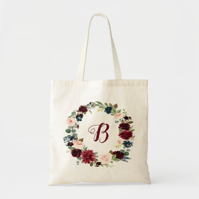 Bolsa Tote PixDezines H2 Bege Borgonha Naval Flores Nupcial (Frente)