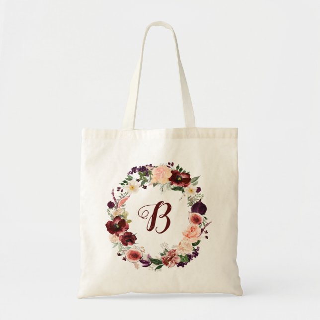 Bolsa Tote PixDezines H2 Blush Burgundy Flores Chá de Noiva (Frente)