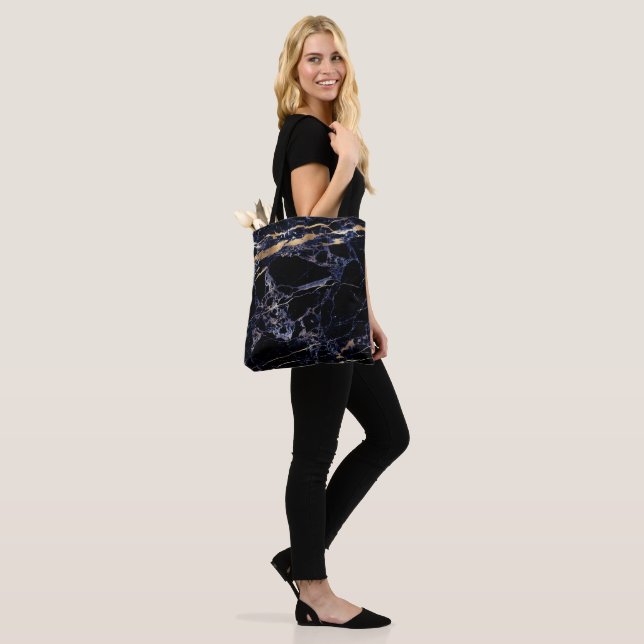 Bolsa Tote PixDezines MIDNIGHT BLUE MARBLE+FAUX VINHAS DOURAD (No(a) Modelo)