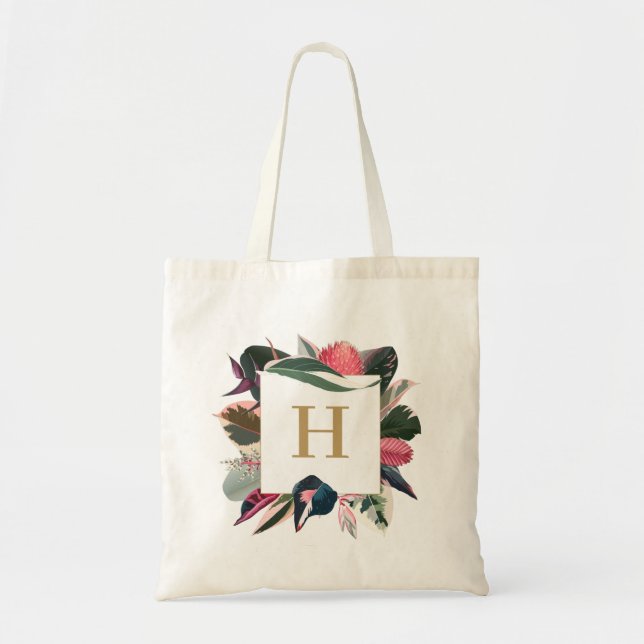 Bolsa Tote Placas de Monograma de Plantas Variegadas Tropicai (Frente)