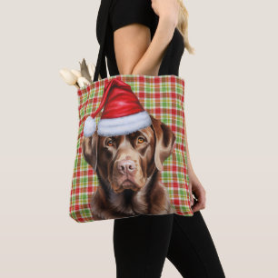 Bolsa Tote Plaid Sazonal Cachorro Natal Labrador Chocolate