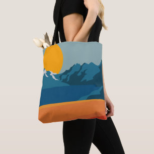 Bolsa Tote Planície Retro Montanha Ilustração Laranja Azul