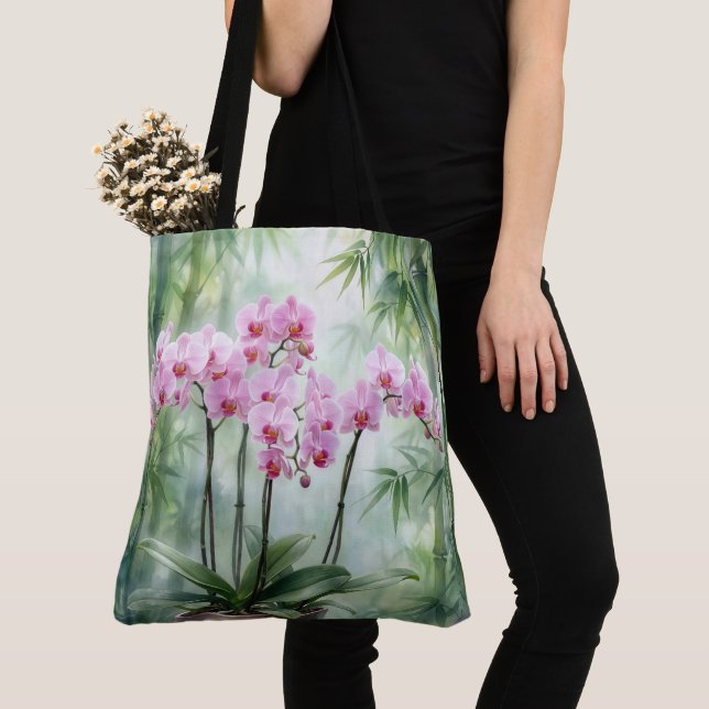 Bolsa Tote Planta de Orquídea Rosa em Fundo de Bambu (Close Up)