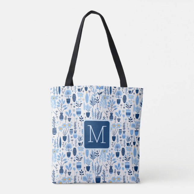 Bolsa Tote Plantas Azul, Branco e Amarelo Bloco de Cor Monogr (Verso)