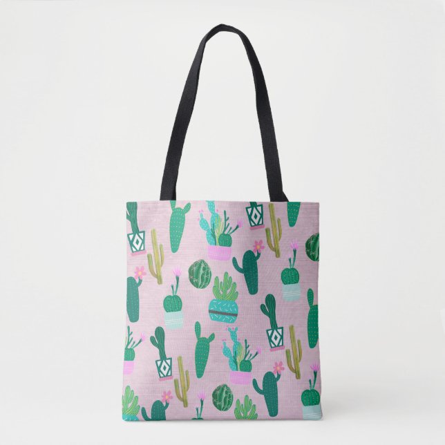 Bolsa Tote Plantas Cactos Cactáceas do Sudoeste Rústico Rosa (Frente)