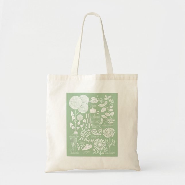 Bolsa Tote Plantas e ervas verdes ilustradas no saco (Frente)