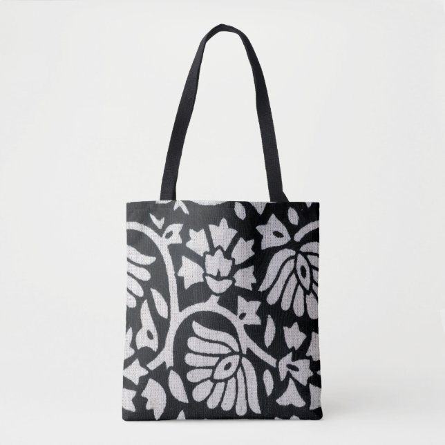 Bolsa Tote Plantas, flores, toalha de abstrato preto-branco. (Frente)