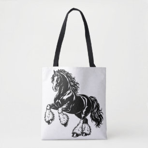 Bolsa Tote Poderosa Ilustração de Cavalo Shire Preto e Branco