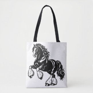 Bolsa Tote Poderosa Ilustração de Cavalo Shire Preto e Branco
