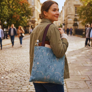 Bolsa Tote Poeira Botânica Boho Celestial Azul Tela Acessório