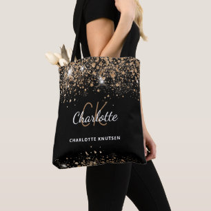 Bolsa Tote Poeira brilhante de ouro preto monograma iniciais