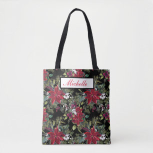 Bolsa Tote Poinsetos vermelhos impressionantes e verdinho bra