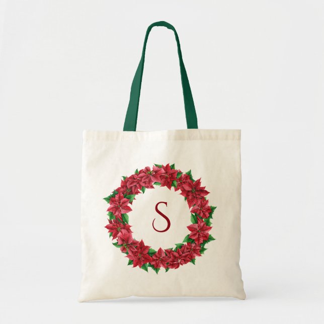 Bolsa Tote Poinsettia Floral Wreath Monograma (Frente)