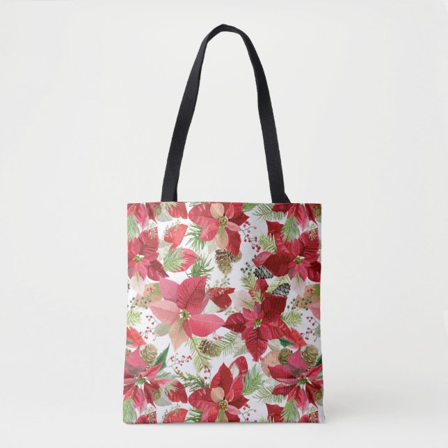 Bolsa Tote Poinsettia Pine Cone, Feriado de Natal Elegante (Frente)