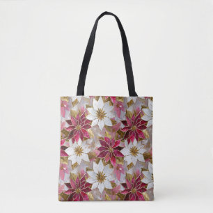 Bolsa Tote Poinsettias de Natal Rosa Douradas Brancas
