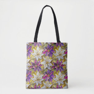 Bolsa Tote Poinsettias de Natal Rosa Roxo Dourado Branco