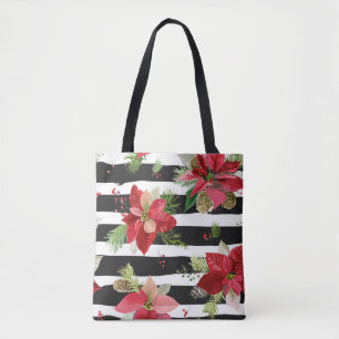 Bolsa Tote Poinsettias no Saco de Tota em Black, White Stripe