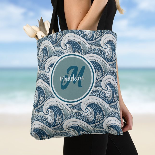 Bolsa Tote Polynesian Beach Waves and Flowers Ocean Pattern (Criador carregado)
