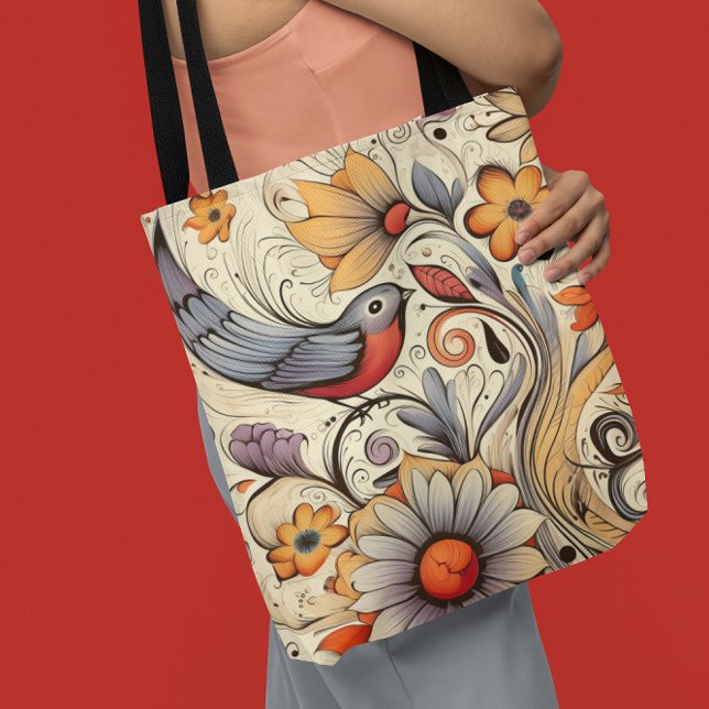 Bolsa Tote Pombo e Design Floral Verão (Pigeon and Floral Design Summer Tote Bag)