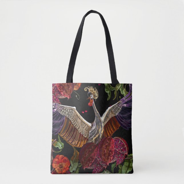 Bolsa Tote Pomegranate Crane Rosas: Arte bordada (Frente)