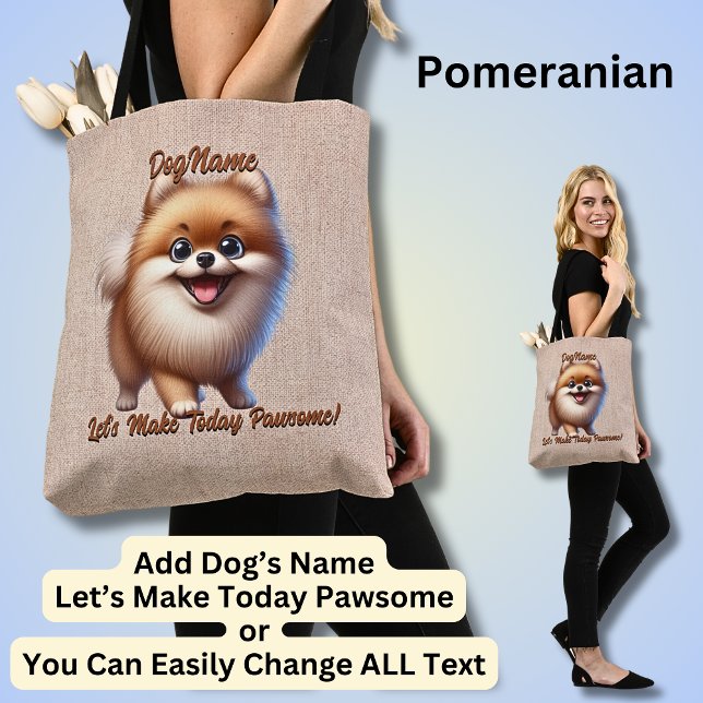Bolsa Tote Pomeraniano - Adicionar nome do cão, Alterar texto (Criador carregado)