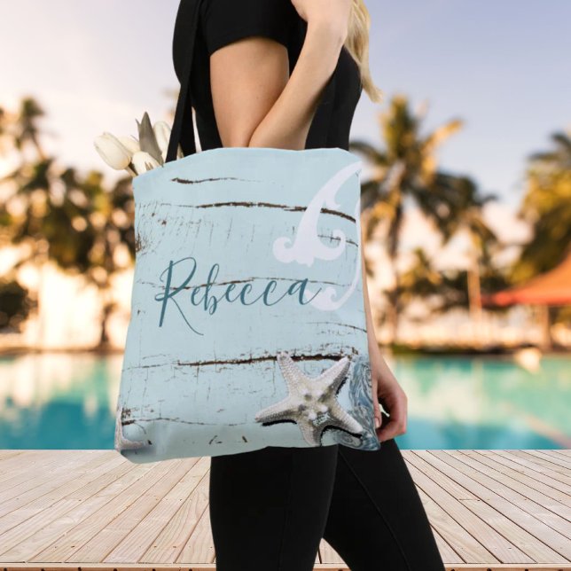 Bolsa Tote ponte de praia de estrelas-do-mar azul-aqua (aqua blue seashell starfish beach bridesmaid tote bag)