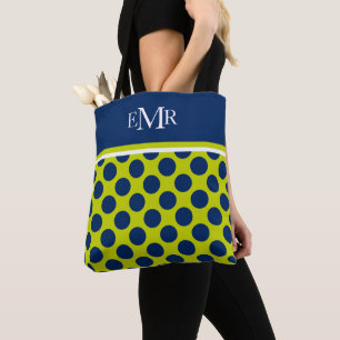 Bolsa Tote Pontos Bolha Azuis Marinho em Monograma Verde Lima