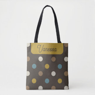 Bolsa Tote Pontos de Bolinhas Retrô Azul Marrom Nome Personal