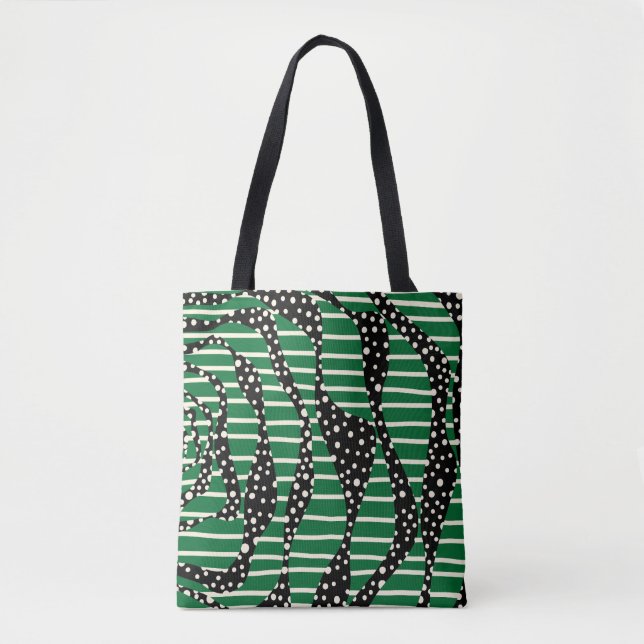 Bolsa Tote Pontos e faixas 2 - Verde, creme e preto (Frente)