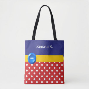 Bolsa Tote Pontos Vermelhos e Brancos e Botão Azul