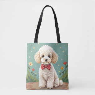 Bolsa Tote Poodle branco adorável com gravata borboleta